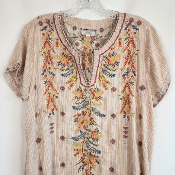 Johnny Was Workshop Embroidered Cotton Linen Tunic Bohemian Floral Stripe Sz Med - Picture 5 of 16